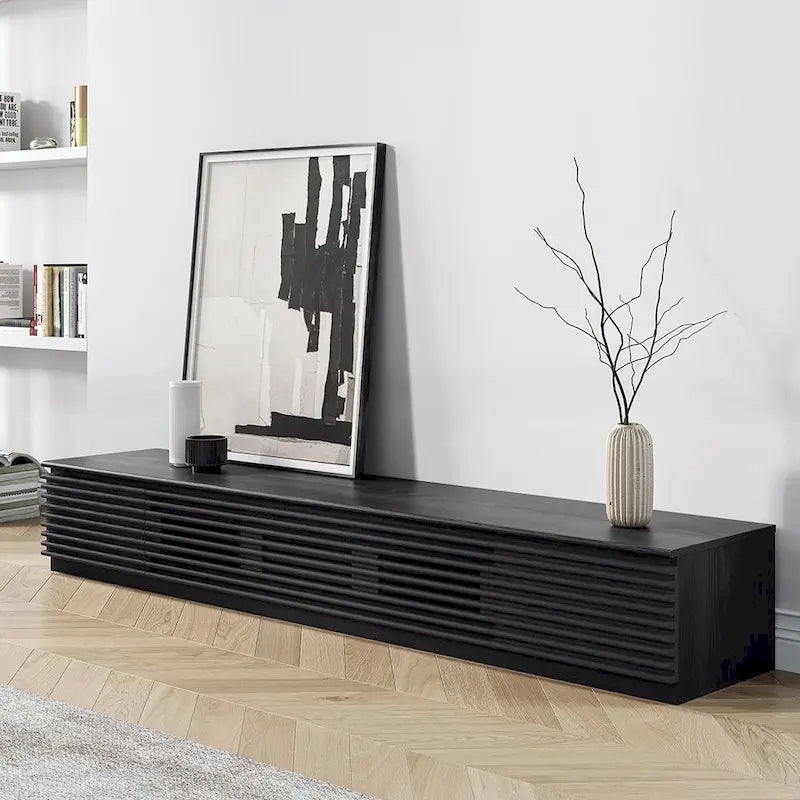 Meuble TV minimaliste avec tiroirs, console multimédia en bois massif avec placards, porte abattante, placage noyer, entièrement assemblé