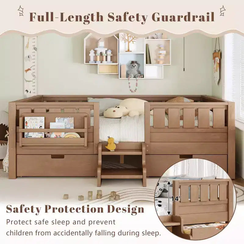 Lit pour tout-petits Bellemave Queen Size avec 14 barrières de sécurité, cadre de lit peu encombrant avec étagères intégrées et 2 tiroirs de rangement sous le lit