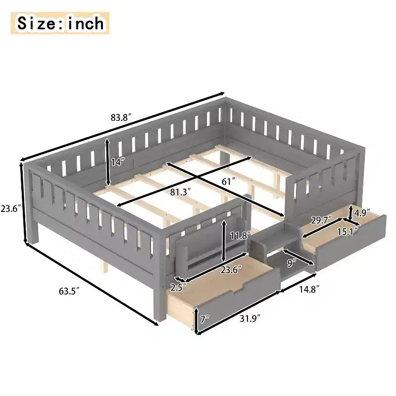 Lit pour tout-petits Bellemave Queen Size avec 14 barrières de sécurité, cadre de lit peu encombrant avec étagères intégrées et 2 tiroirs de rangement sous le lit