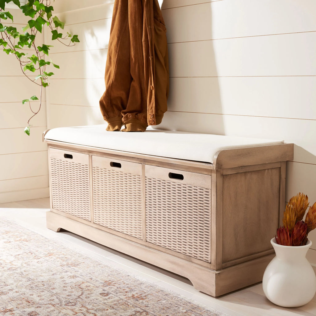 Banc de rangement SAFAVIEH Fiorello avec coussin et 3 tiroirs - 47,3 L x 15 P x 19 H - 47 L x 15 P x 19 H