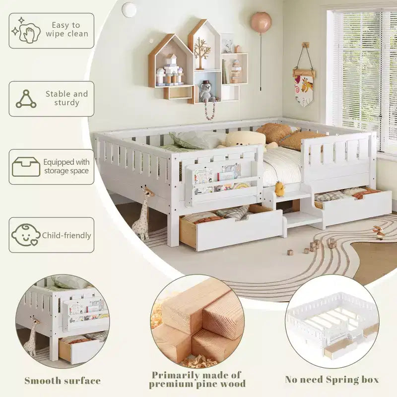 Lit pour tout-petits Bellemave Queen Size avec 14 barrières de sécurité, cadre de lit peu encombrant avec étagères intégrées et 2 tiroirs de rangement sous le lit
