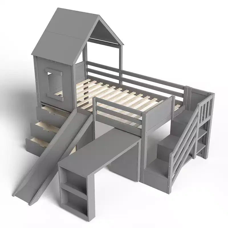 Lit mezzanine simple avec 3 tiroirs et escalier de rangement, structure cabane en bois avec toboggan et bureau amovible