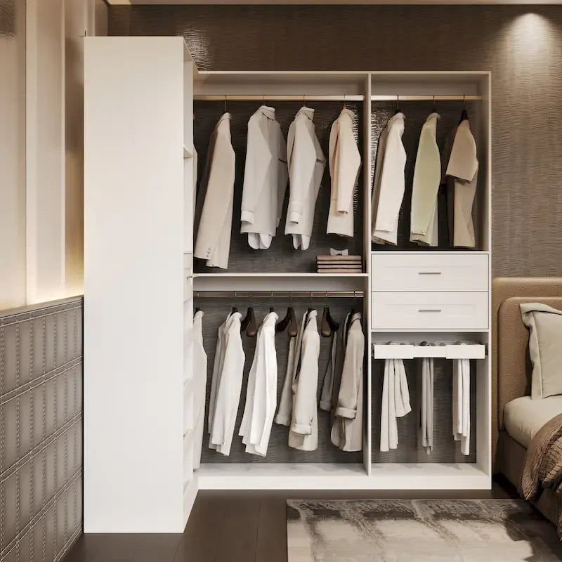 Armoire de coin avec 2 tringles, porte-pantalons et organisateur de chaussures