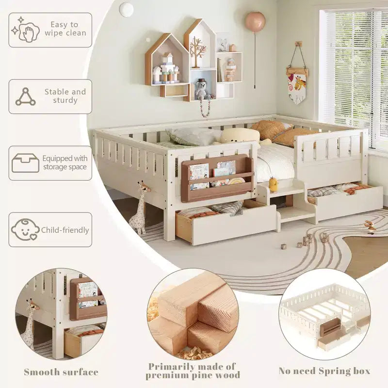 Lit pour tout-petits Bellemave Queen Size avec 14 barrières de sécurité, cadre de lit peu encombrant avec étagères intégrées et 2 tiroirs de rangement sous le lit