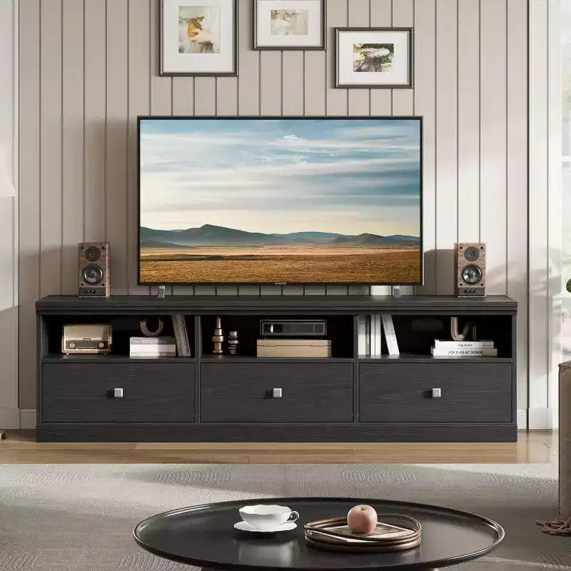 Meuble TV Mid-Century Modern de 178 cm avec tiroir de rangement et étagères ouvertes