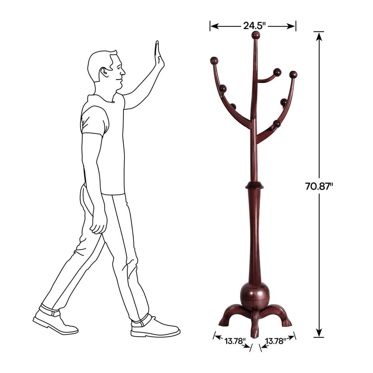 Porte-manteau sur pied en bois d'hévéa forme branche d'arbre avec 8 crochets - 24,5 L x 70,87 H