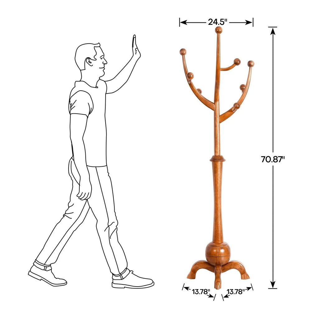 Porte-manteau sur pied en bois d'hévéa forme branche d'arbre avec 8 crochets - 24,5 L x 70,87 H