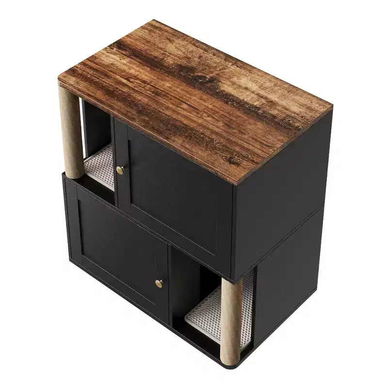 Meuble cache-litière double avec poteaux à griffer et tapis de litière à double couche pour animaux de compagnie d'intérieur