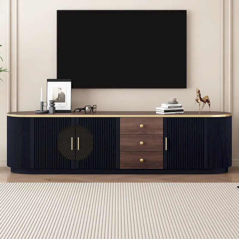Meuble TV moderne minimaliste de 180 cm pour téléviseurs jusqu'à 80 pouces, centre de divertissement avec 3 tiroirs et 1 étagère, poignées en métal