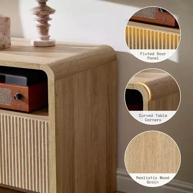 Meuble TV moderne AMERLIFE 70 avec design cannelé et armoires de rangement, pour téléviseurs jusqu'à 80 pouces, meuble TV en bois pour salon