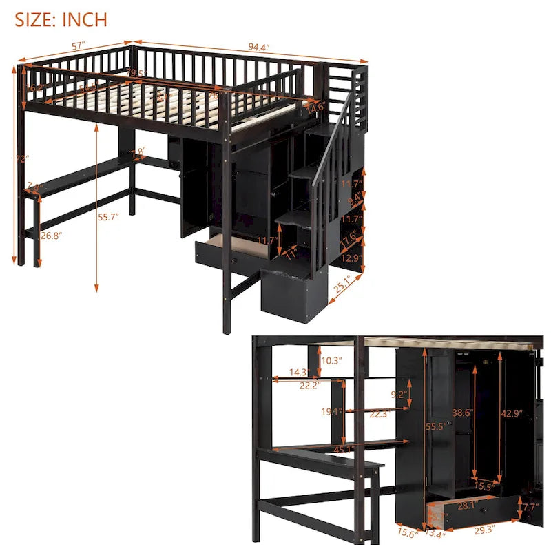 Lit mezzanine deux places en pin avec bureau et rangement