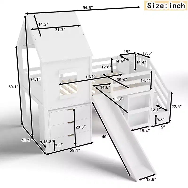 Lit mezzanine simple avec 3 tiroirs et escalier de rangement, structure cabane en bois avec toboggan et bureau amovible