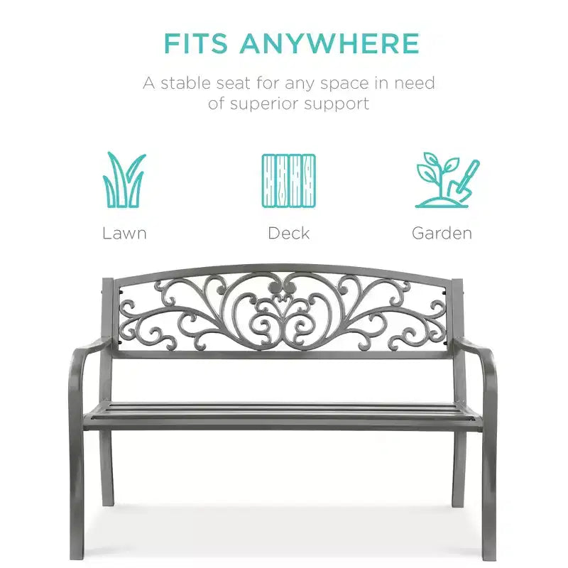 Banc d'extérieur en acier Best Choice Products, mobilier de jardin pour terrasse ou porche avec dossier à motif floral