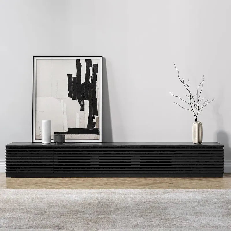 Meuble TV minimaliste avec tiroirs, console multimédia en bois massif avec placards, porte abattante, placage noyer, entièrement assemblé