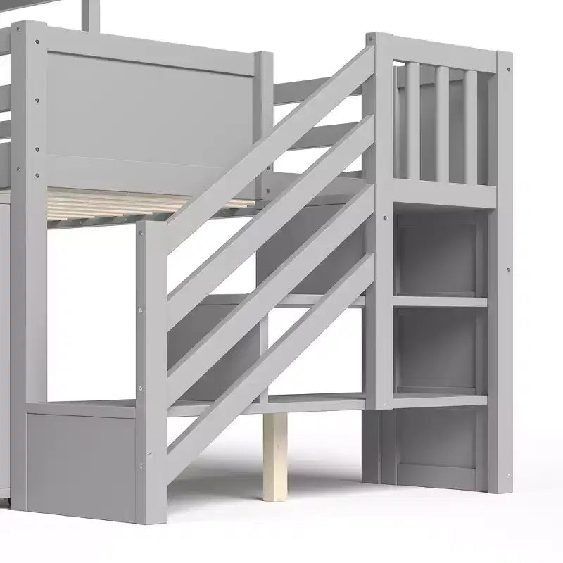 Lit mezzanine simple avec 3 tiroirs et escalier de rangement, structure cabane en bois avec toboggan et bureau amovible