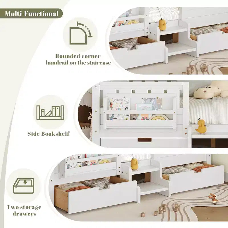 Lit pour tout-petits Bellemave Queen Size avec 14 barrières de sécurité, cadre de lit peu encombrant avec étagères intégrées et 2 tiroirs de rangement sous le lit
