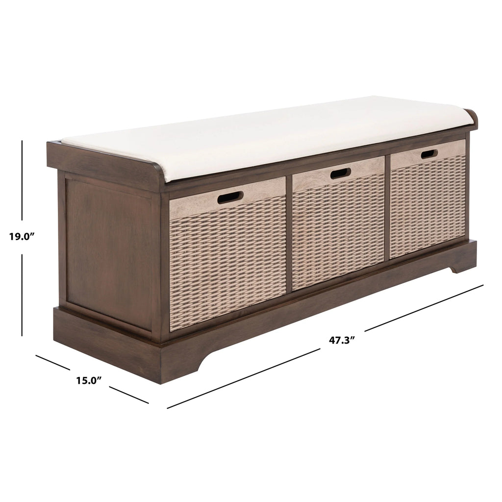 Banc de rangement SAFAVIEH Fiorello avec coussin et 3 tiroirs - 47,3 L x 15 P x 19 H - 47 L x 15 P x 19 H