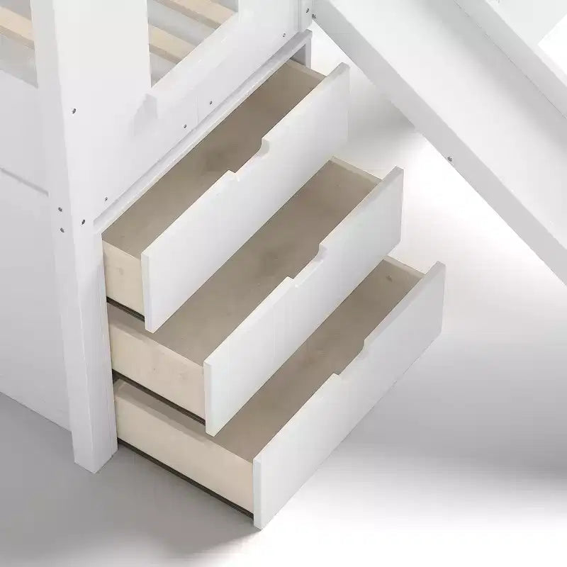 Lit mezzanine simple avec 3 tiroirs et escalier de rangement, structure cabane en bois avec toboggan et bureau amovible