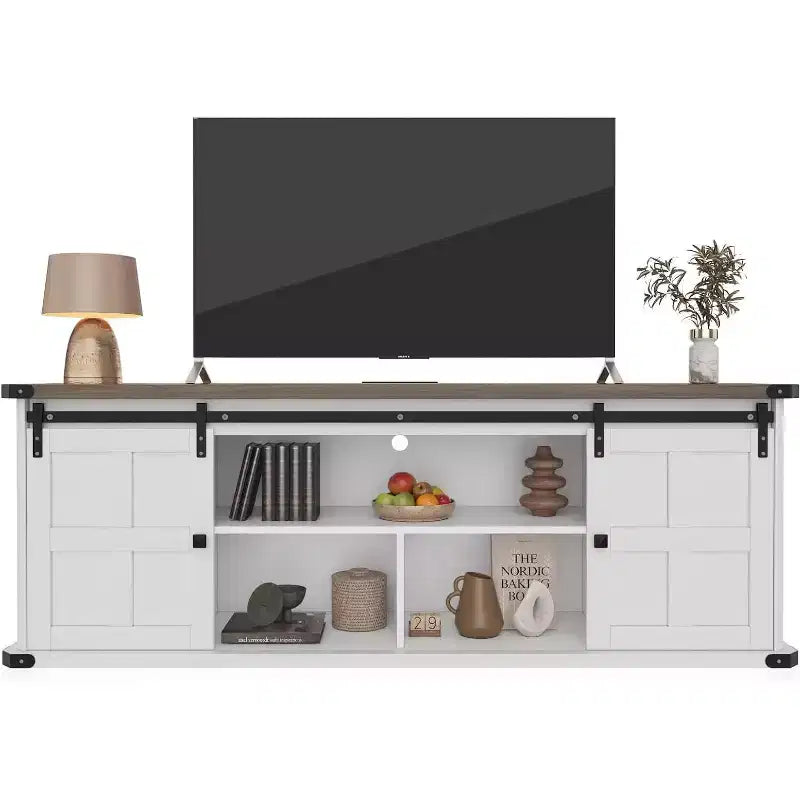 Meuble TV 70 po pour téléviseurs 75 po, centre de divertissement style ferme avec portes coulissantes de grange et armoires de rangement, table console TV média moderne