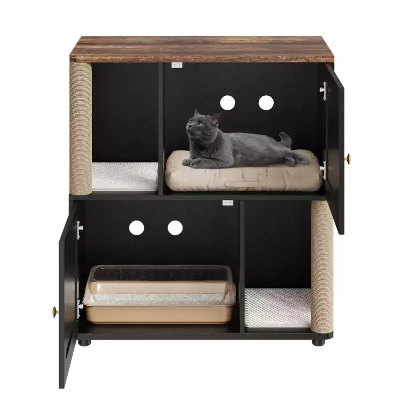 Meuble cache-litière double avec poteaux à griffer et tapis de litière à double couche pour animaux de compagnie d'intérieur