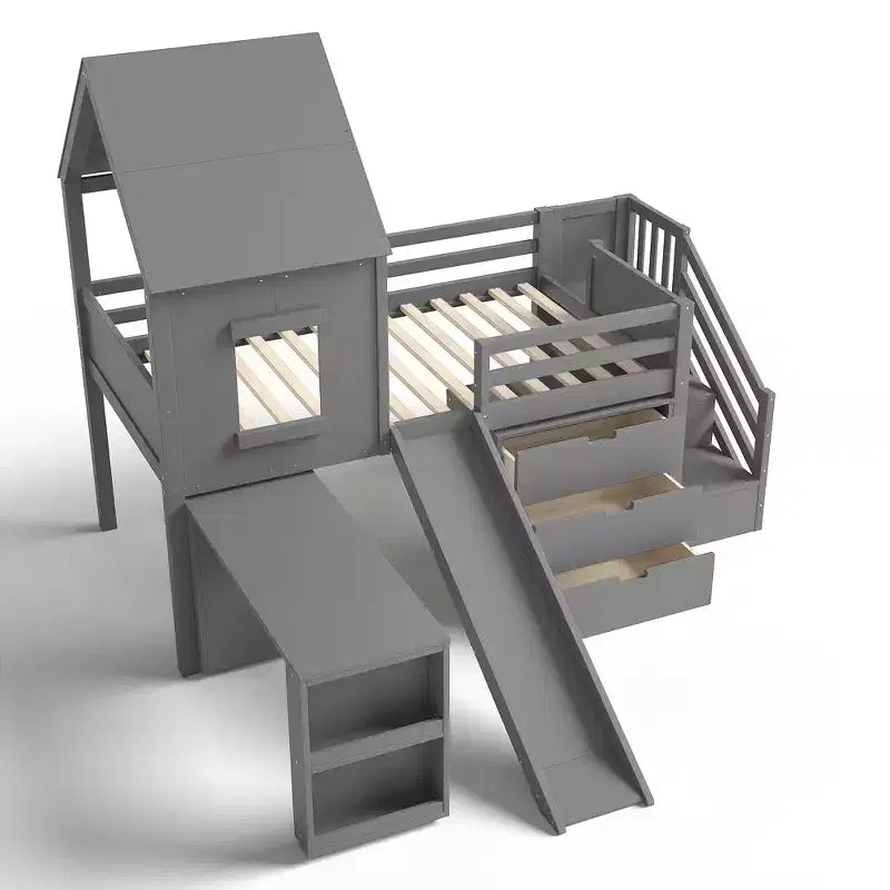 Lit mezzanine simple avec 3 tiroirs et escalier de rangement, structure cabane en bois avec toboggan et bureau amovible