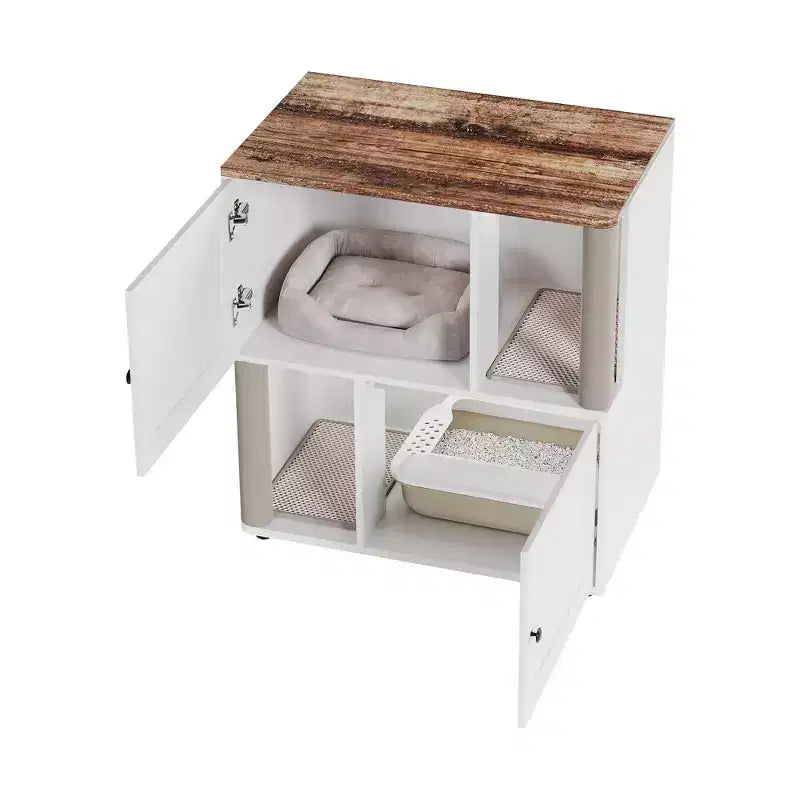 Meuble cache-litière double avec poteaux à griffer et tapis de litière à double couche pour animaux de compagnie d'intérieur