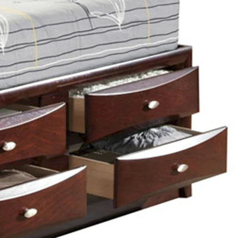Lit Queen Size à panneaux avec bibliothèque et tiroirs, brun