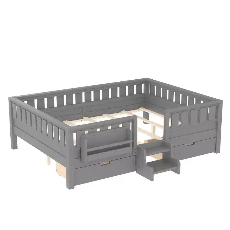 Lit pour tout-petits Bellemave Queen Size avec 14 barrières de sécurité, cadre de lit peu encombrant avec étagères intégrées et 2 tiroirs de rangement sous le lit