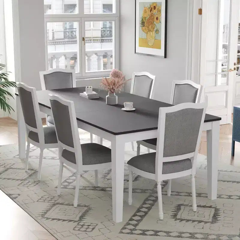 MAYEERTY Ensemble de salle à manger rustique extensible 7 pièces, table de 198,4 cm avec rallonge de 45,7 cm et 2 tiroirs, 6 chaises rembourrées, gris foncé + blanc